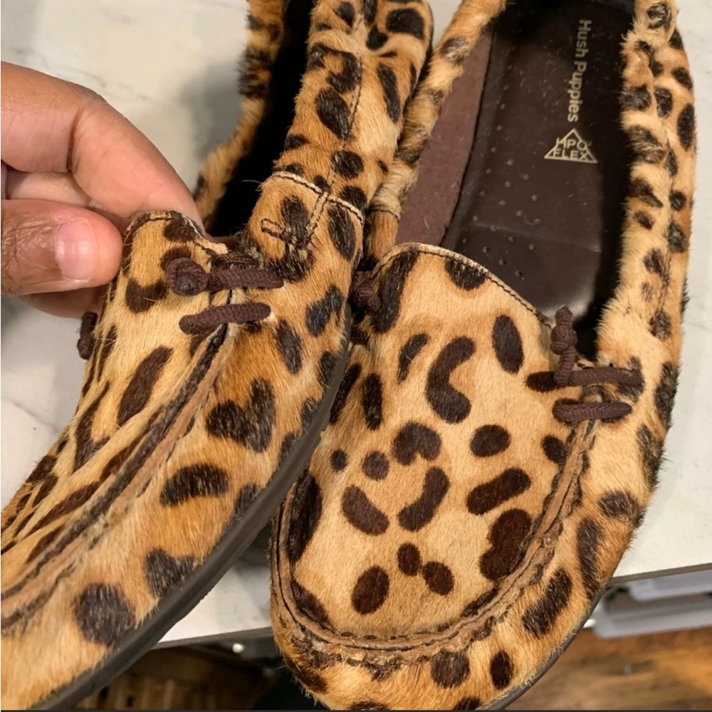 Hush puppies calf hair animal print loafers